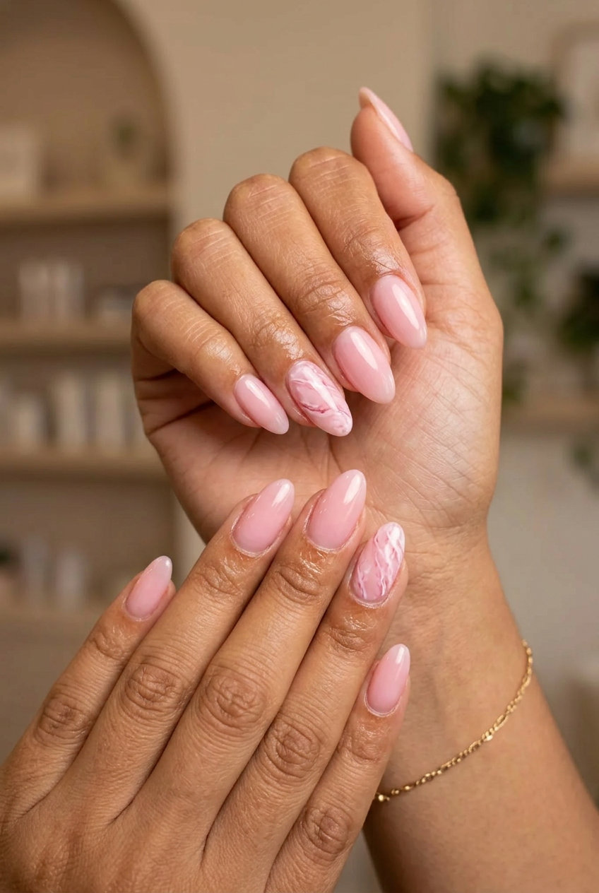 Chic pink summer nails 2026: Sheer pink with white marble accent. Minimalist, artistic.