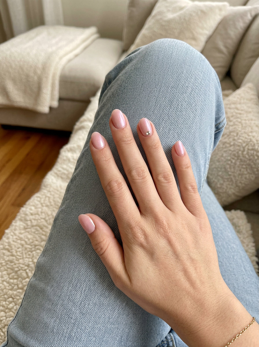 Elegant pink summer nails 2026: Soft pink with rhinestone accent for bridal showers.