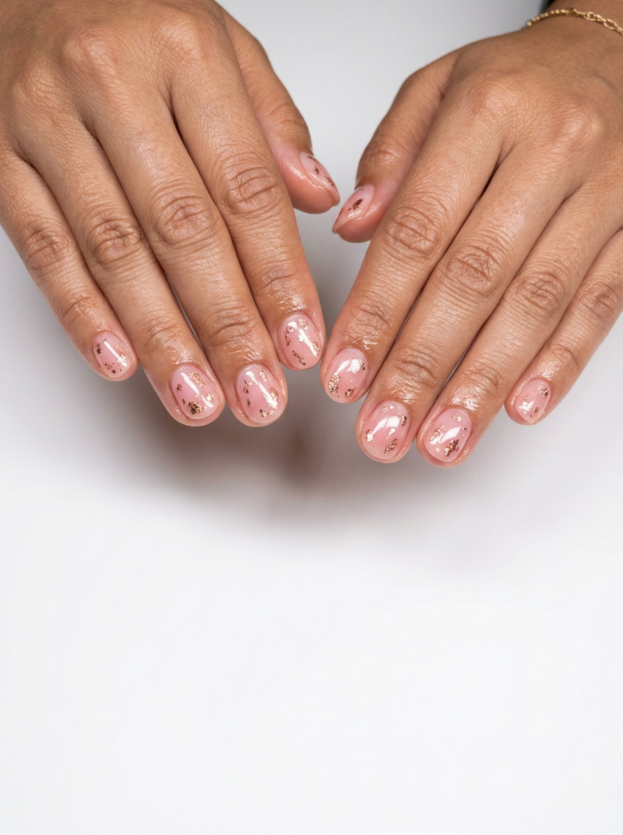Elegant pink summer nails 2026: Sheer pink with rose gold foil for date night glamour.