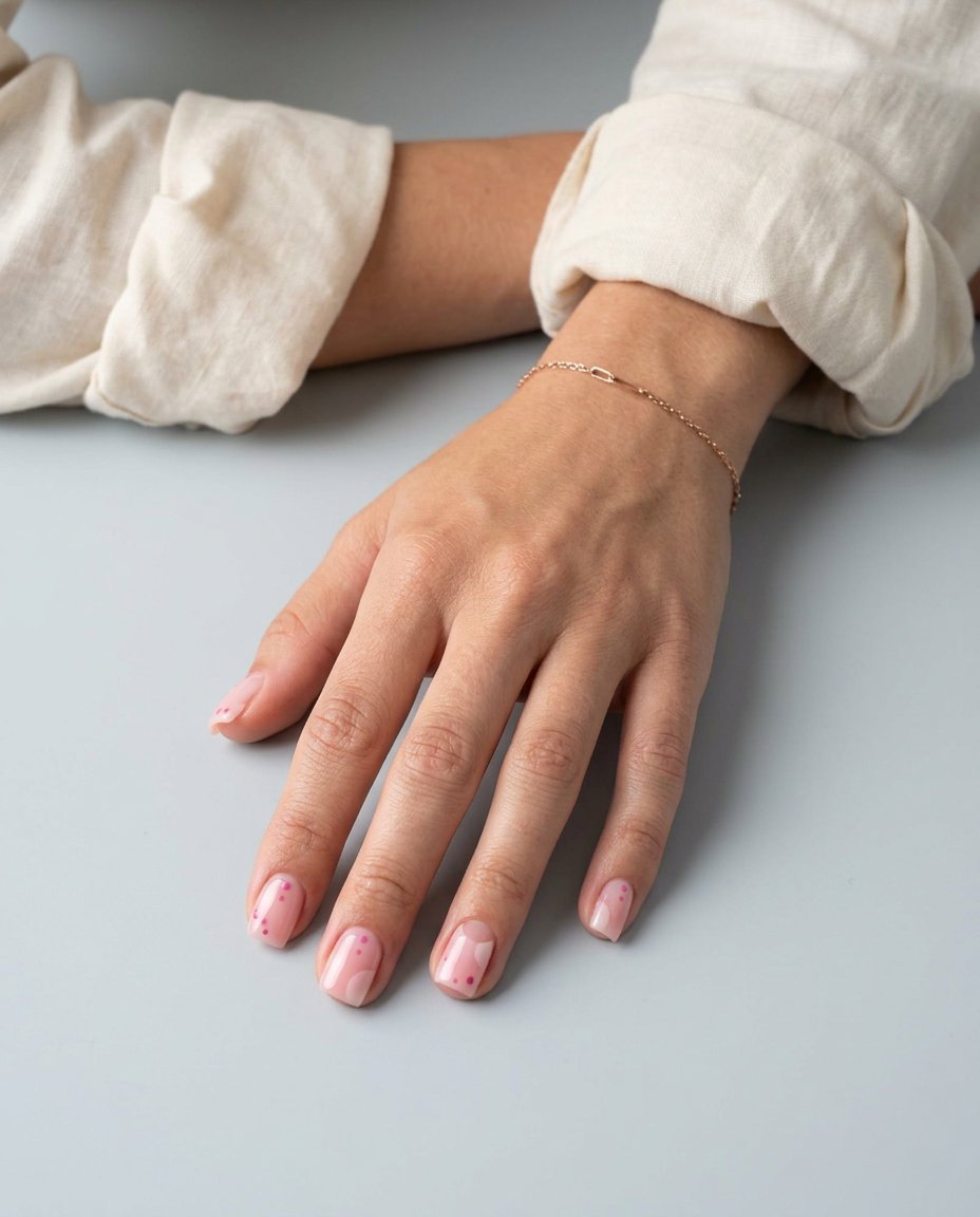 Sheer pink negative space dot nails for work 2026. Minimalist, clean short oval with tiny pink dots.