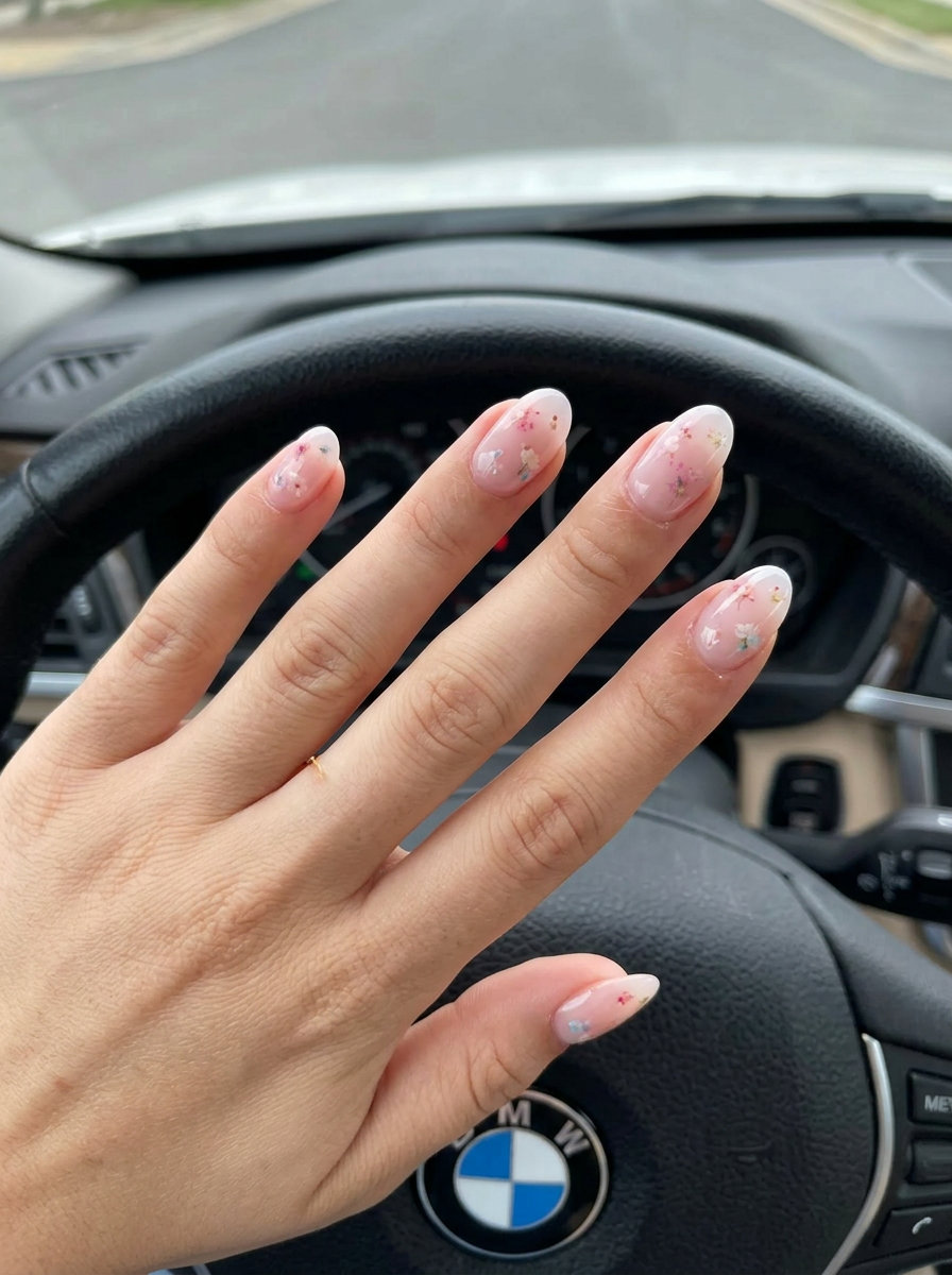 Strawberry milk bath floral nails for wedding guest 2026. Ethereal, romantic almond shape with pastel flowers.