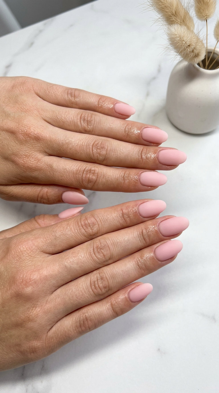 Elegant pink summer nails 2026: Ballet slipper pink with a sophisticated velvet matte finish.
