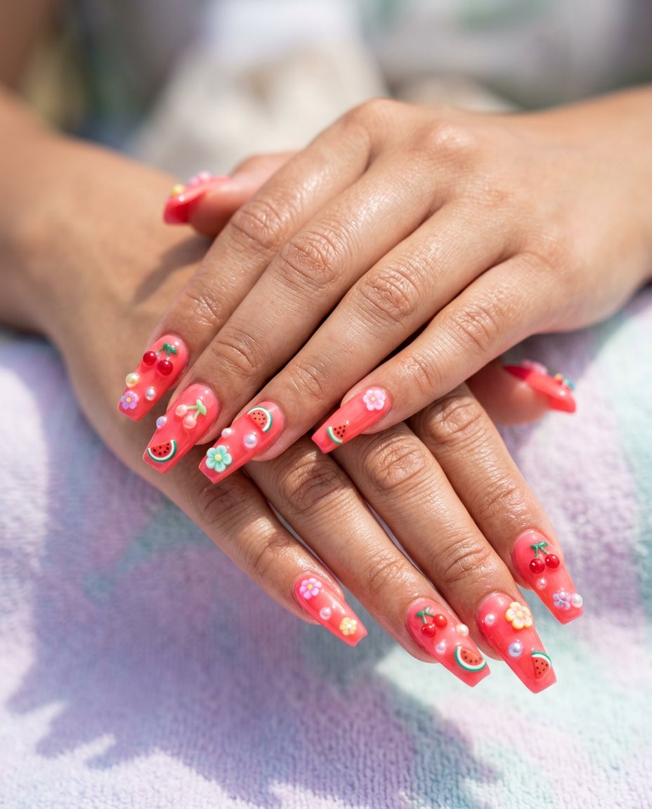 Watermelon pink 3D charm nails for summer vacation 2026. Whimsical, playful coffin shape with fruit & flower charms.
