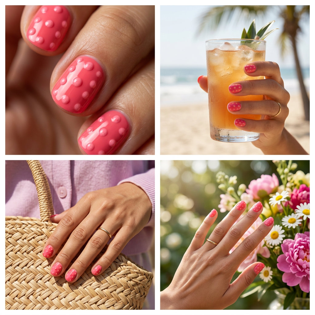 Watermelon pink textured dot nails for beach day 2026. Playful, fun medium square with raised dots.