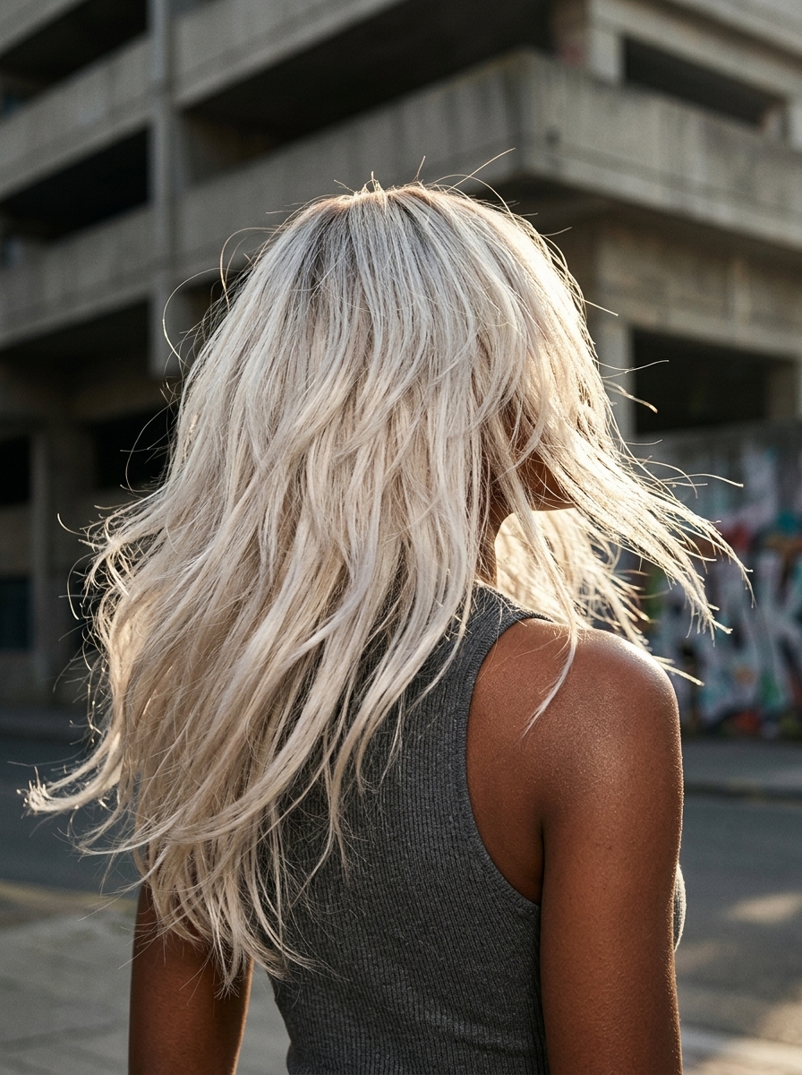 long layered face-framing haircut in platinum blonde with silver tone
