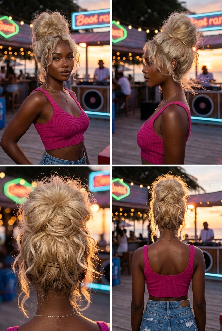 long platinum blonde messy summer updo hairstyle with golden highlights, voluminous bun, face-framing curls — retro glam night out