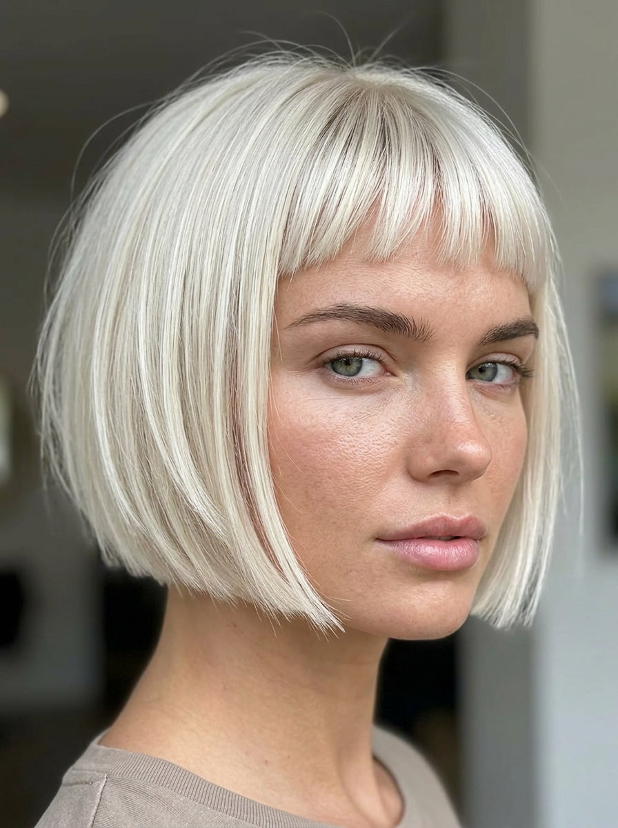 short french bob haircut in icy platinum blonde, blunt perimeter, micro-fringe — bold futuristic style