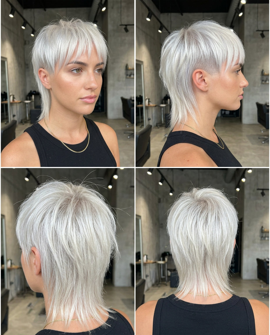 short platinum blonde mullet with icy silver toner and razored face-framing for rebellion