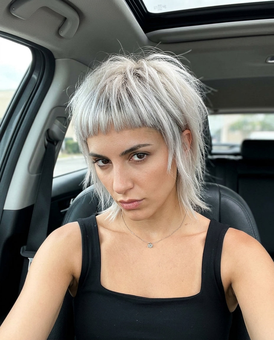 short wolf cut with platinum blonde and micro fringe for an edgy look