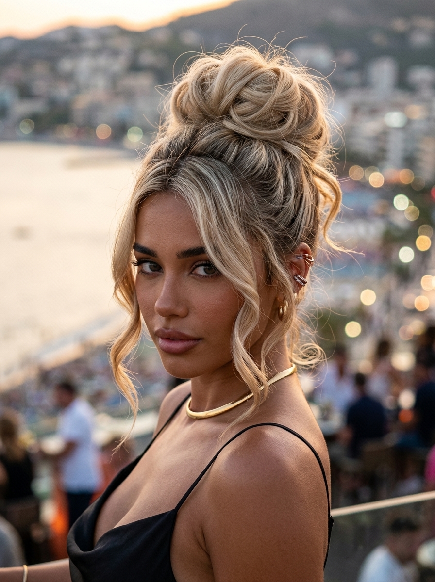 platinum blonde messy bombshell updo with textured layers and face-framing pieces for summer