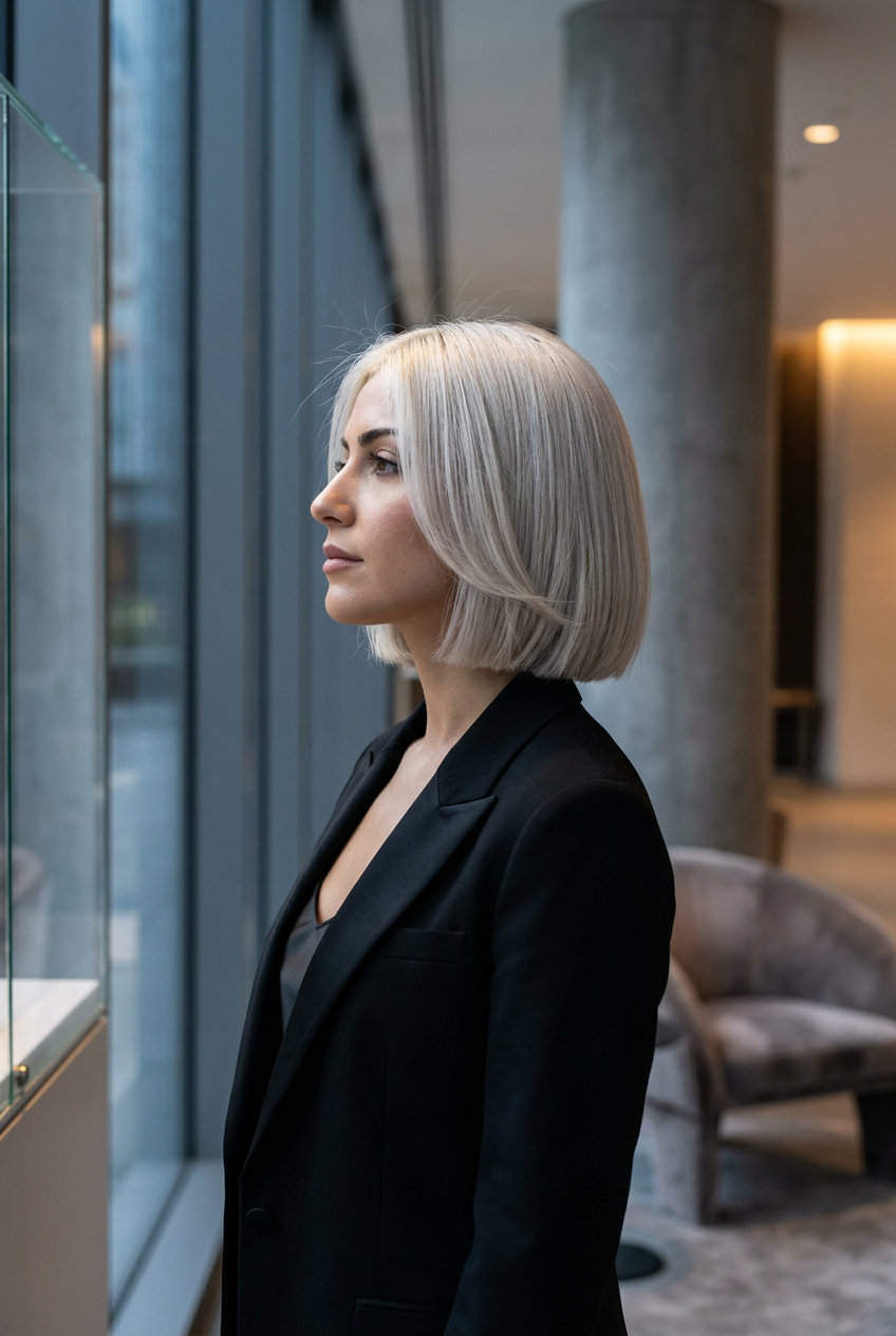 chin-length bob haircut with platinum blonde color, C-shaped layers and bright hairline for bold look