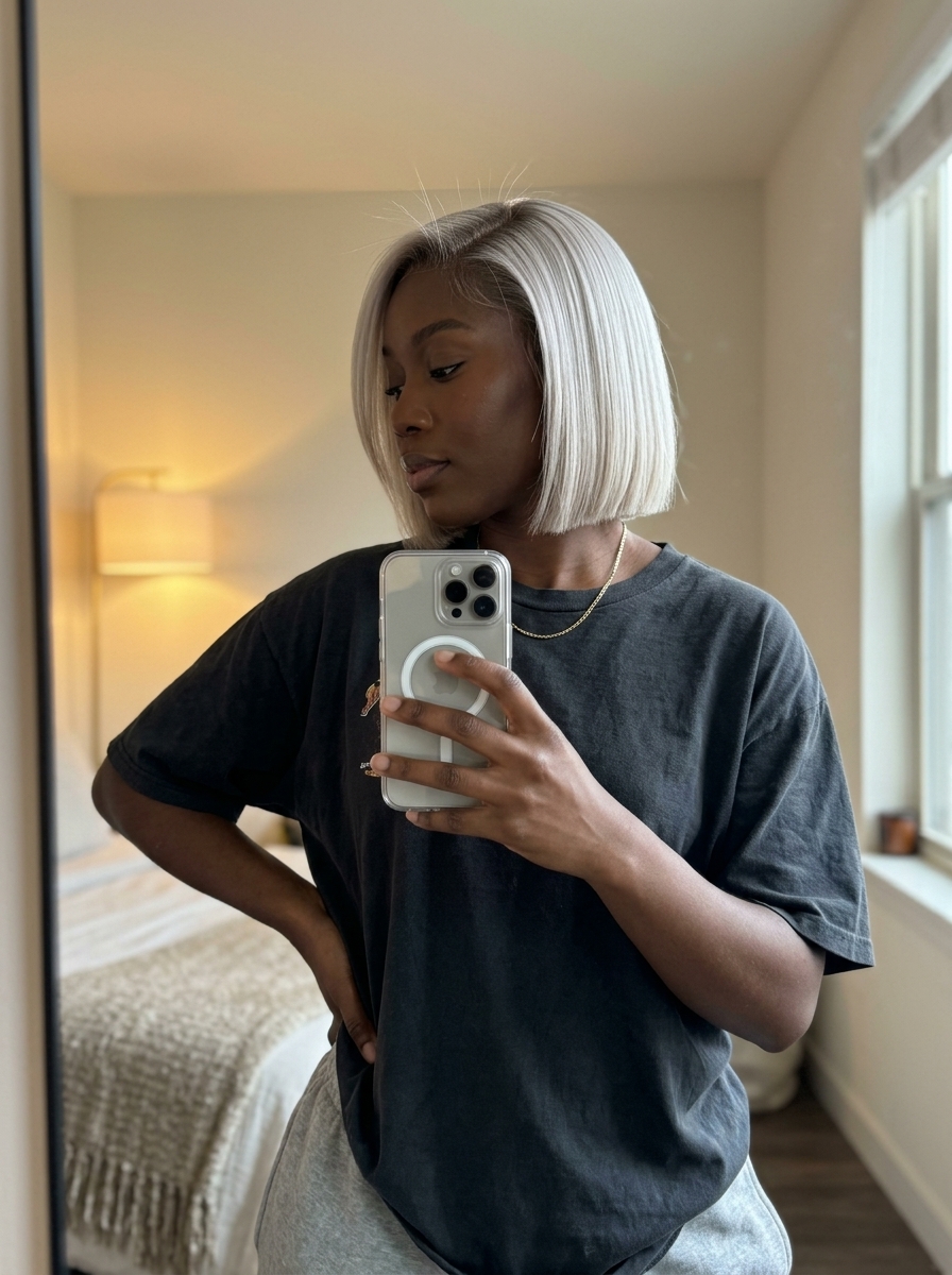 chin-length icy platinum blonde blunt bob with cool ash shadow root for edgy sophistication