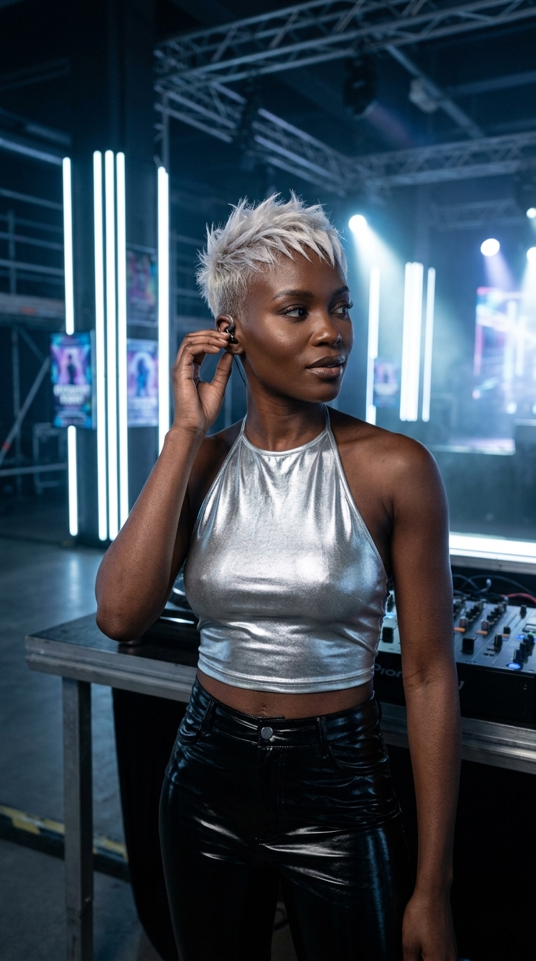 very short pixie haircut in platinum ice blonde with cool ash root smudge, razored layers — edgy summer