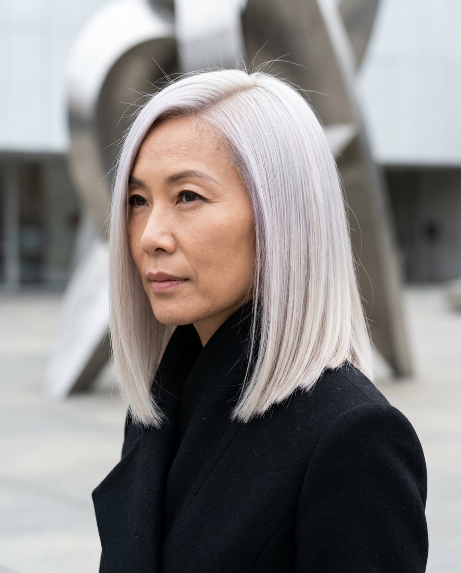long bob haircut in icy platinum blonde with violet toner, sharp blunt ends for high-fashion events