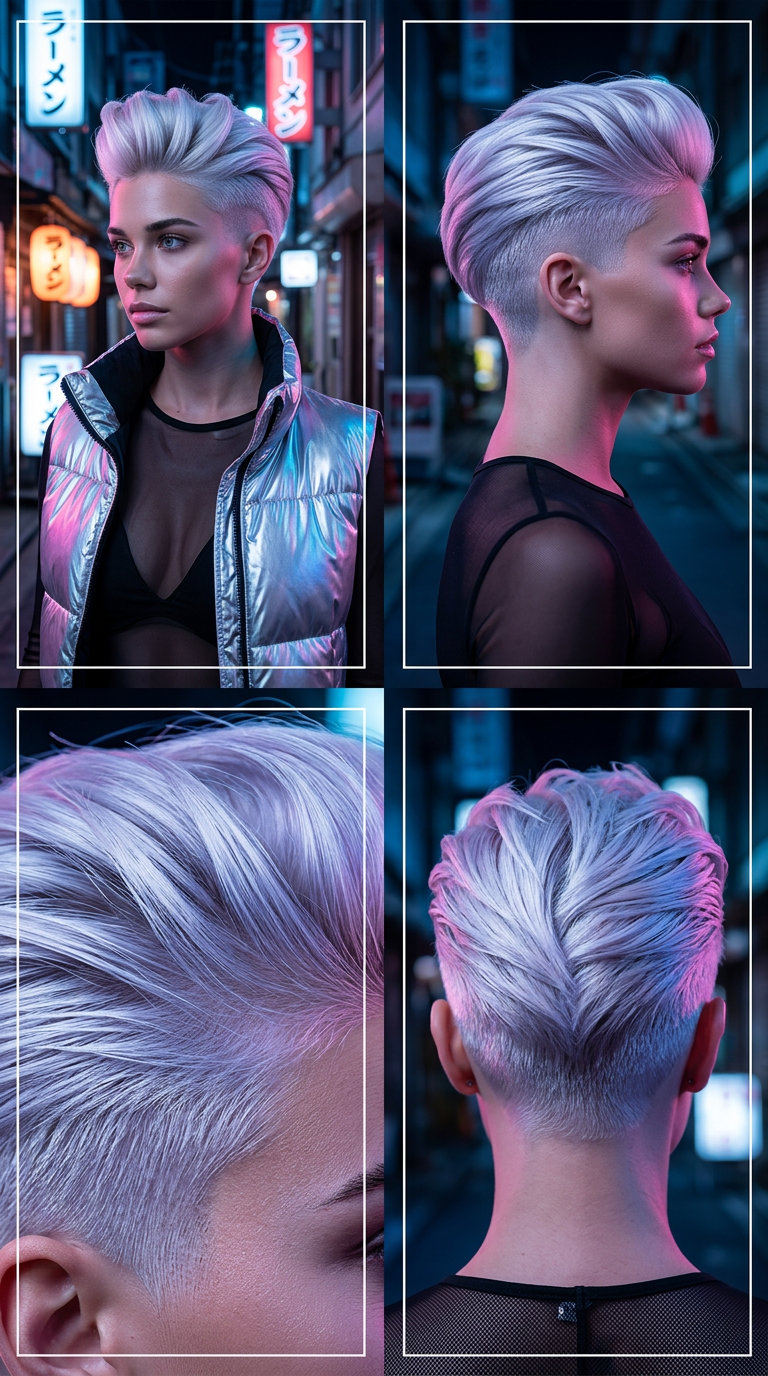 long undercut half up half down with icy platinum color, swept back for festival