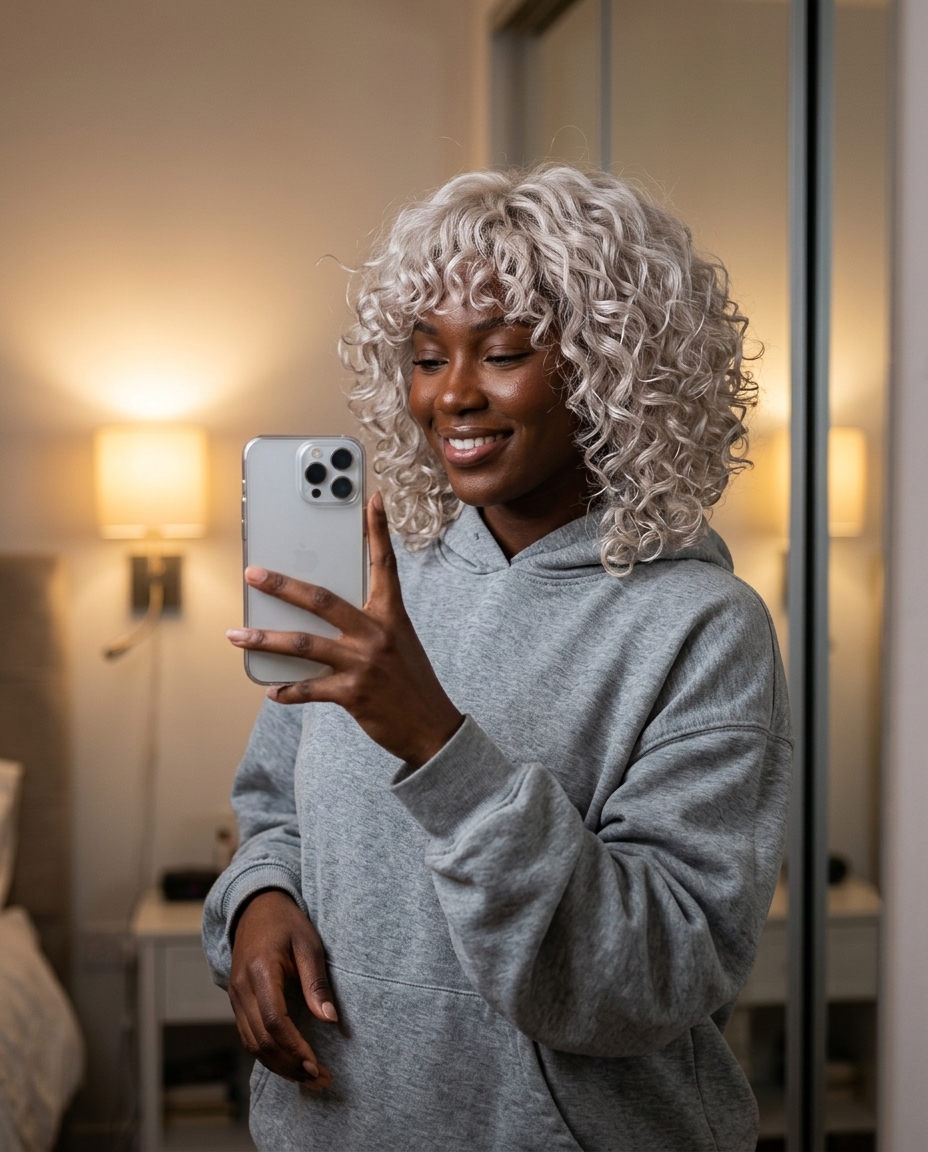 Edgy Platinum Curly Halo Haircut medium icy platinum blonde haircut with pearl toner, heavy layering for a rounded halo silhouette at festivals