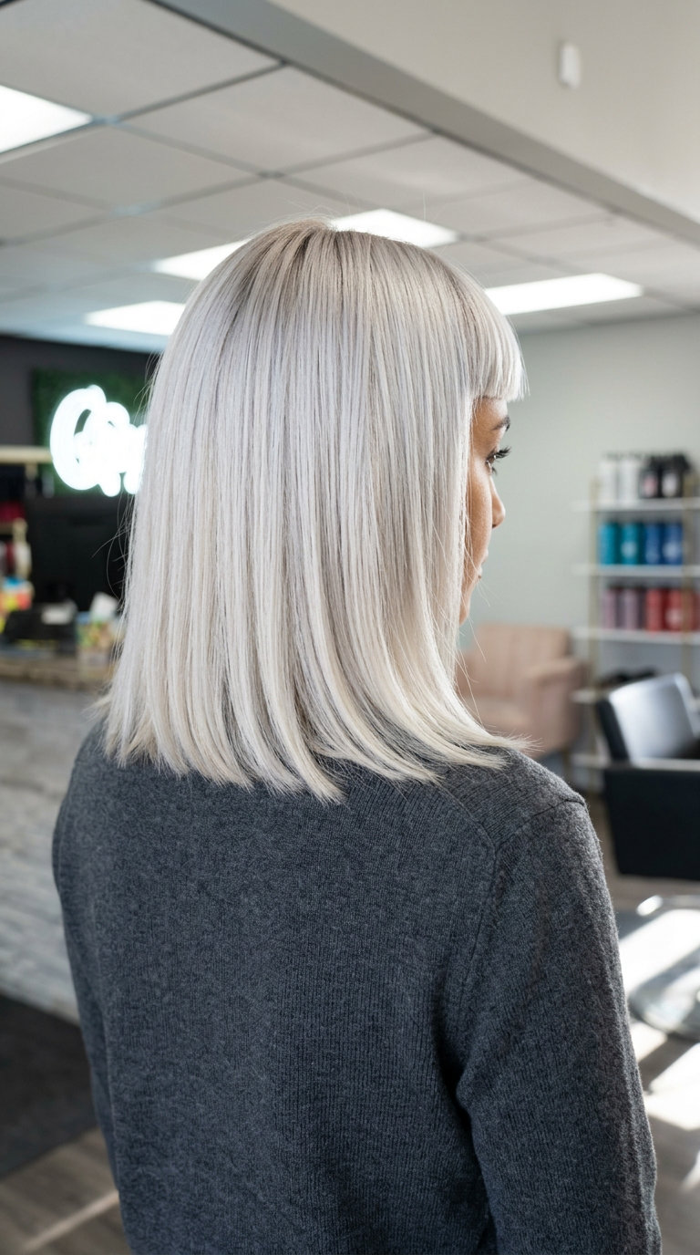 medium lob haircut in icy platinum blonde with micro-fringe, blunt perimeter — edgy modern look