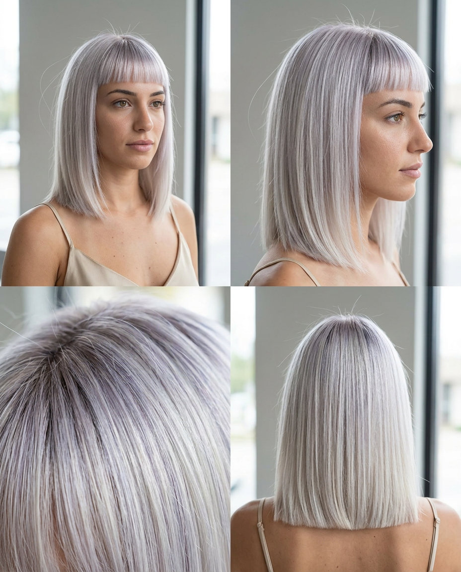 medium icy platinum lob with silver-violet, micro-fringe for edgy retro-futurism