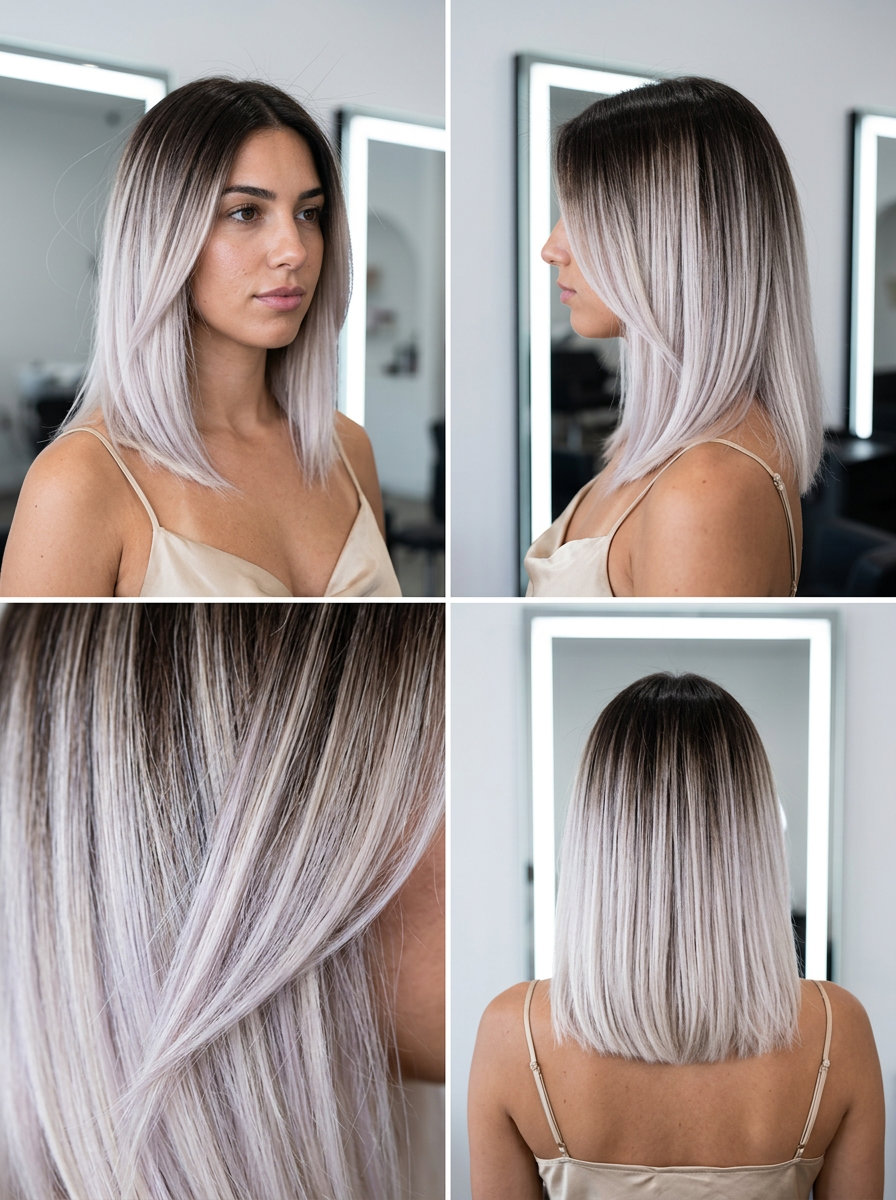 short platinum pearl dip-dye with natural dark roots, iridescent pearl ends — bold, avant-garde