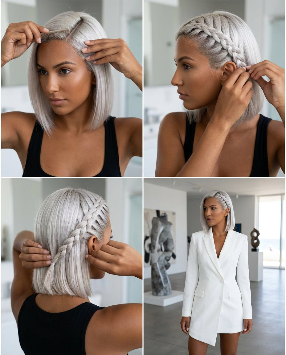 short platinum blonde Dutch braid accent on bob with icy white silver undertones, sleek edgy finish for professional