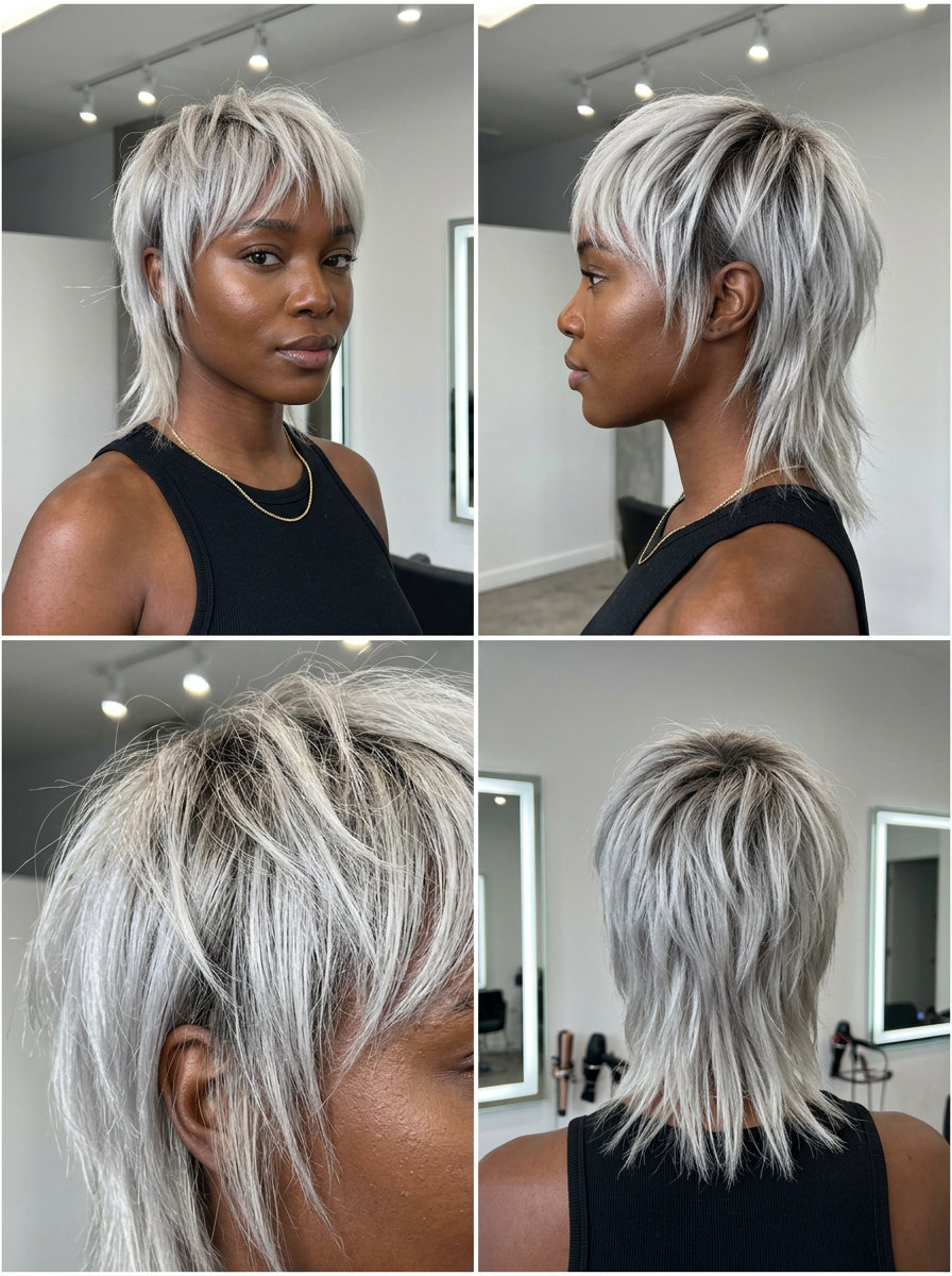 short mixie haircut with icy platinum & silver, dark root, choppy layers — bold & edgy