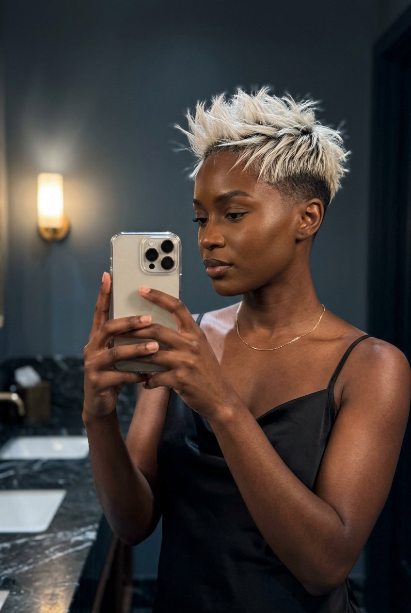 short pixie haircut with icy platinum & silver, sharp charcoal undercut, textured top — edgy & bold