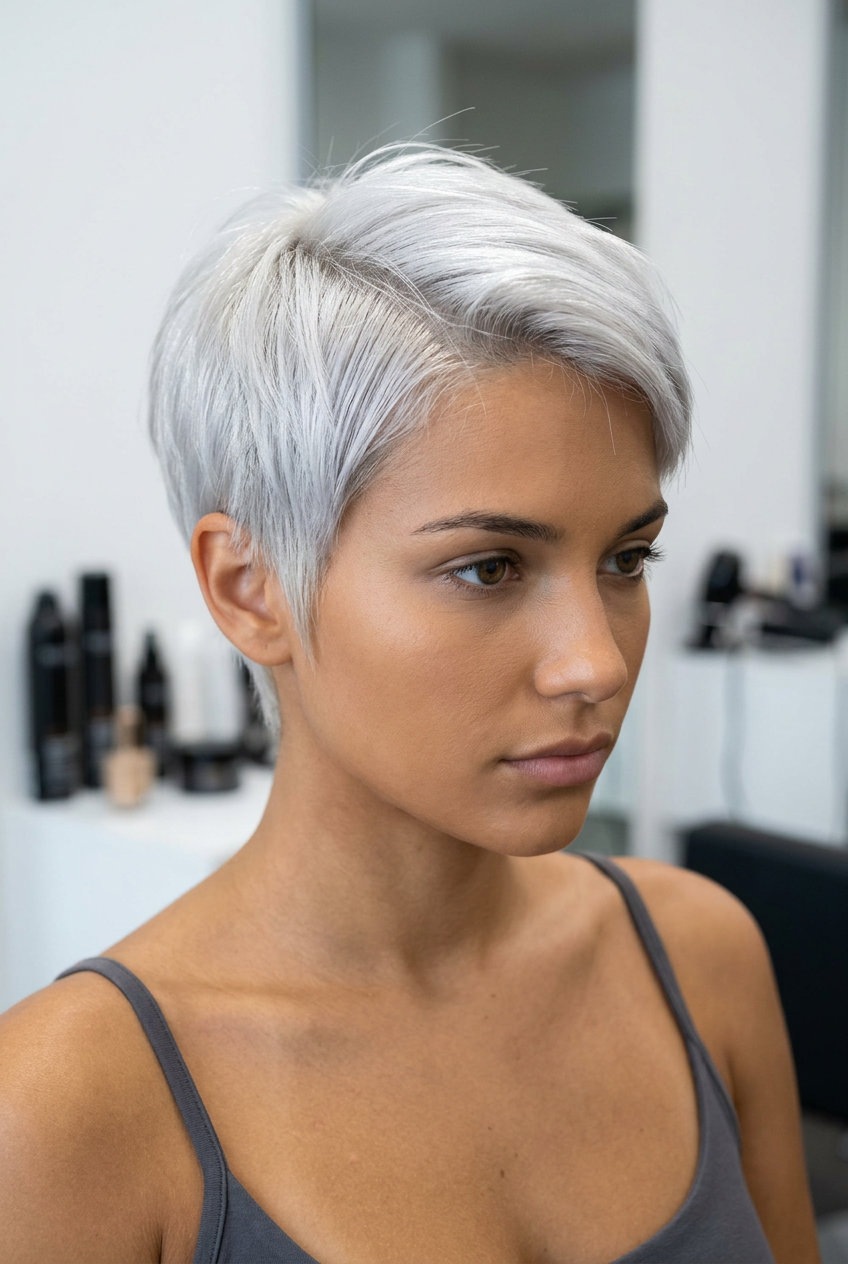 short platinum pixie haircut with cool white tones and razored edges for summer 2026