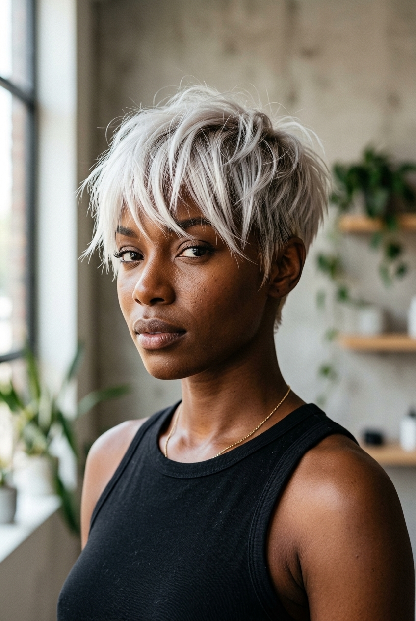 short platinum pixie haircut with jagged curtain bangs, cool silver and ash root smudge for edgy look