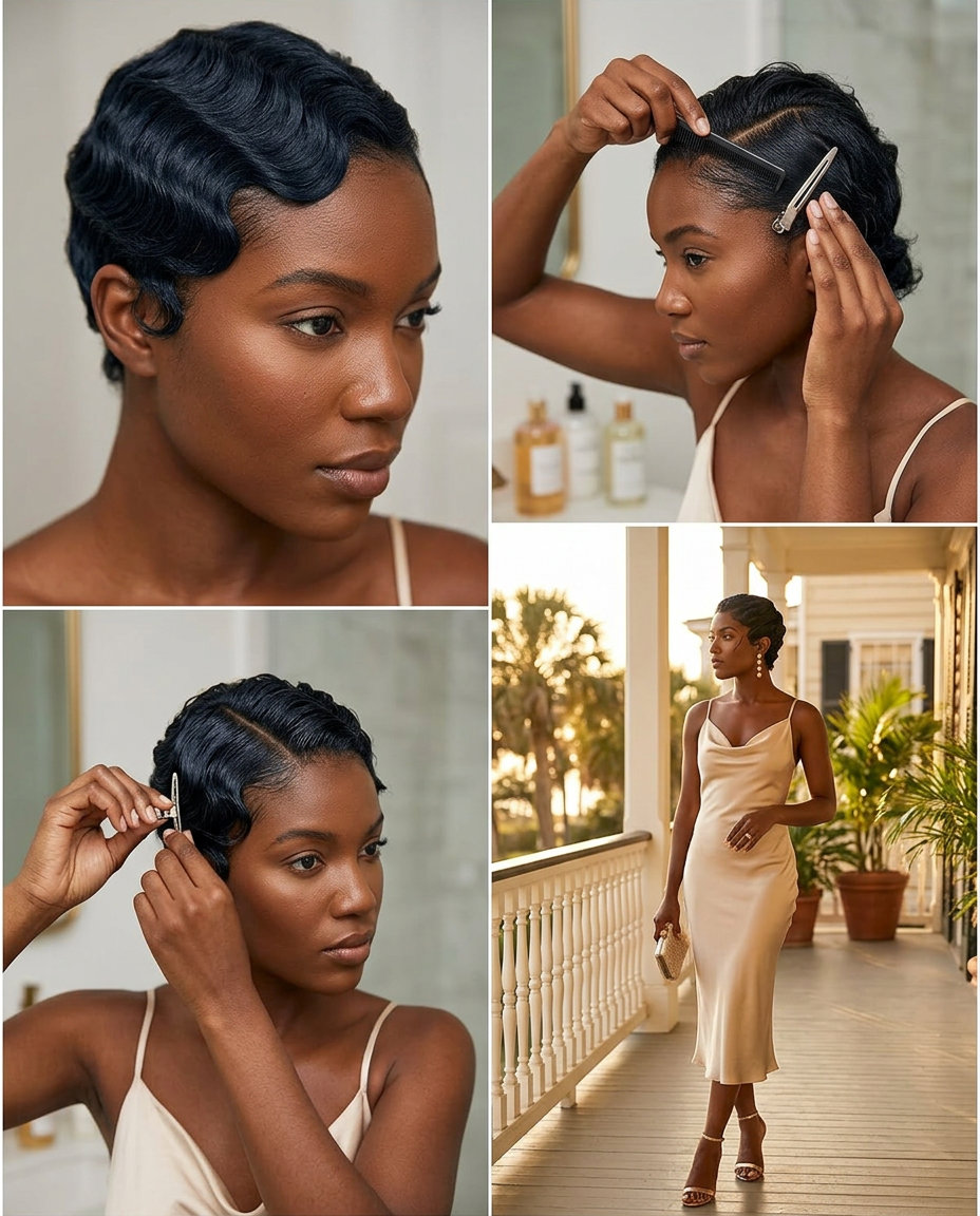 short platinum pixie haircut with sculpted finger waves and deep side part for summer