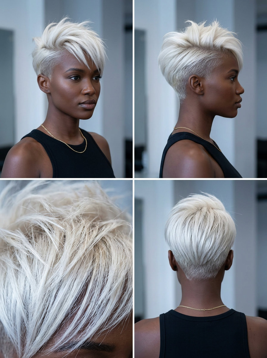 Bold Platinum Pixie Cut 2026 short platinum pixie haircut with undercut and side-swept fringe, bold for round faces