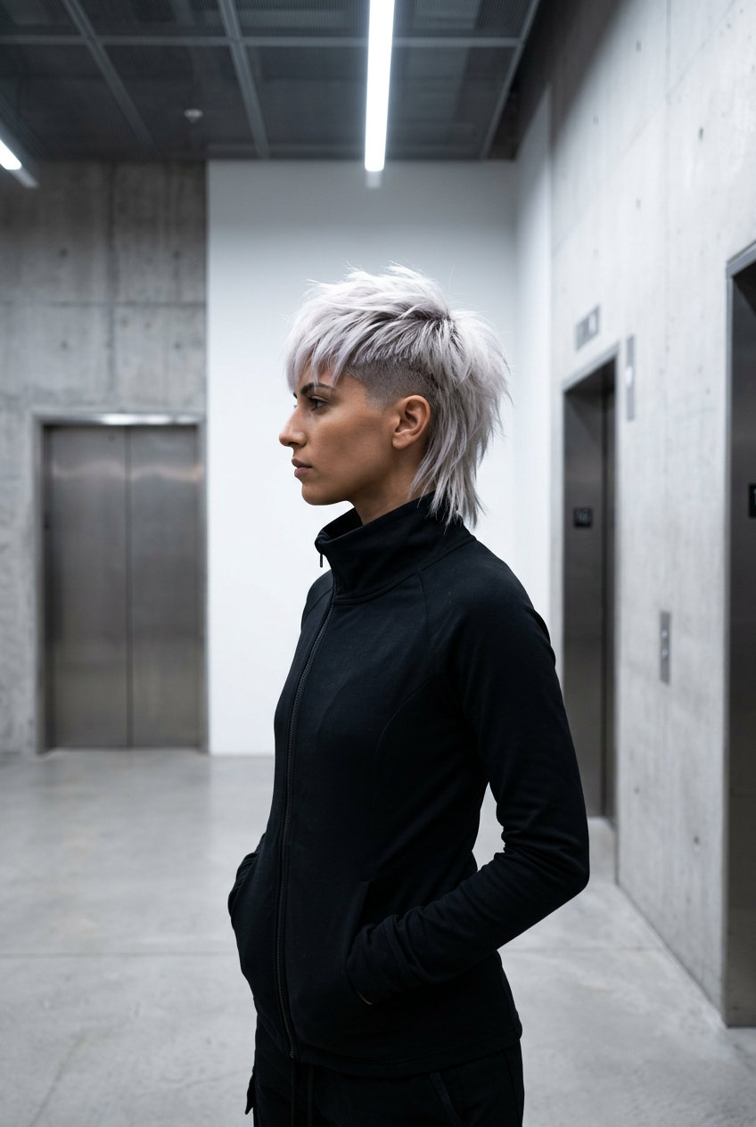 short tapered platinum wolf cut with dark vanilla root shadow and textured layers for edgy style