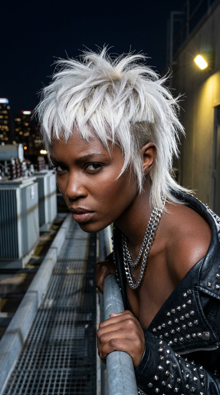 short platinum wolf cut with undercut and spiky textured layers for rebellious festival style