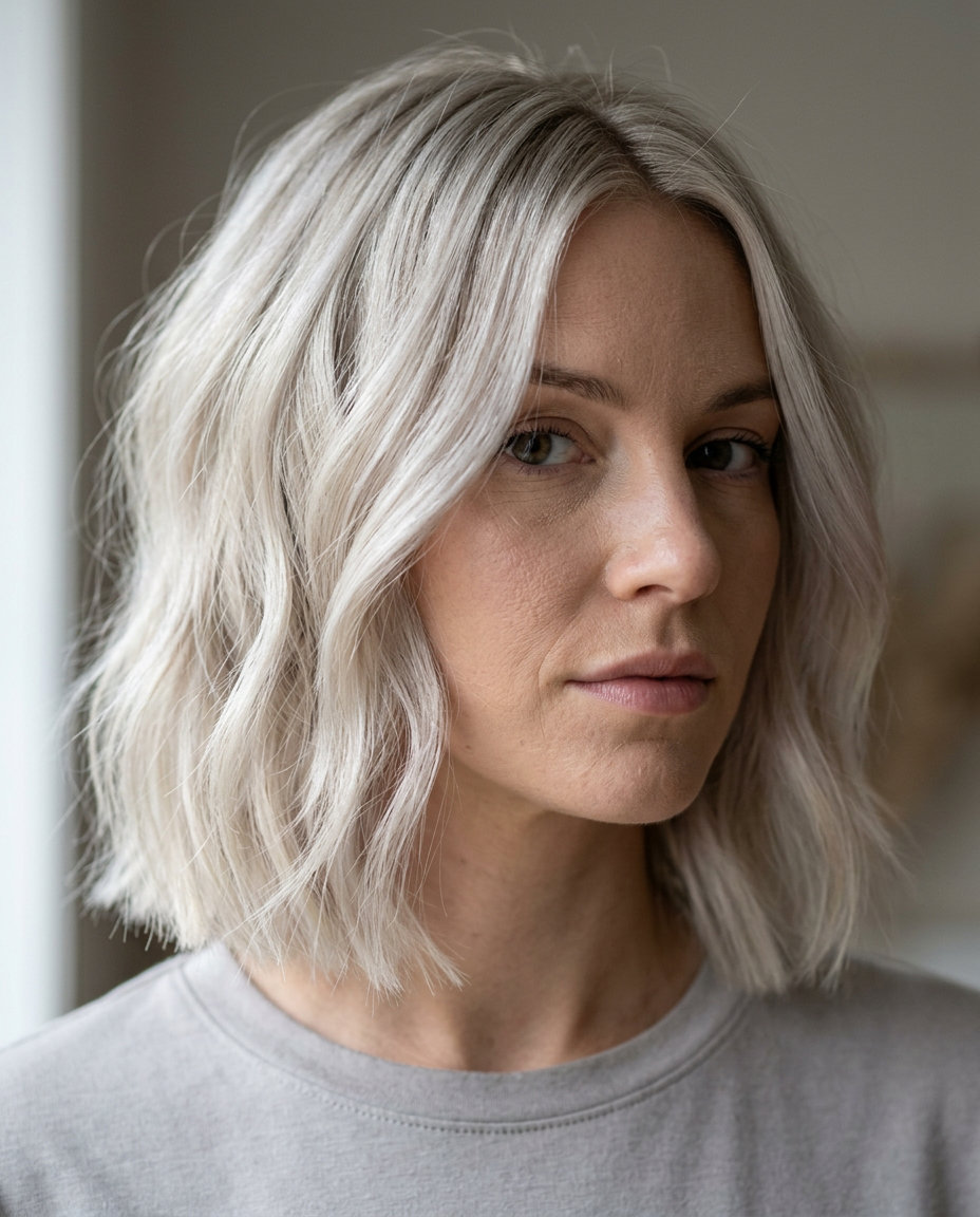 shoulder-length layered haircut with cool platinum blonde, internal layers, no bangs — minimalist chic