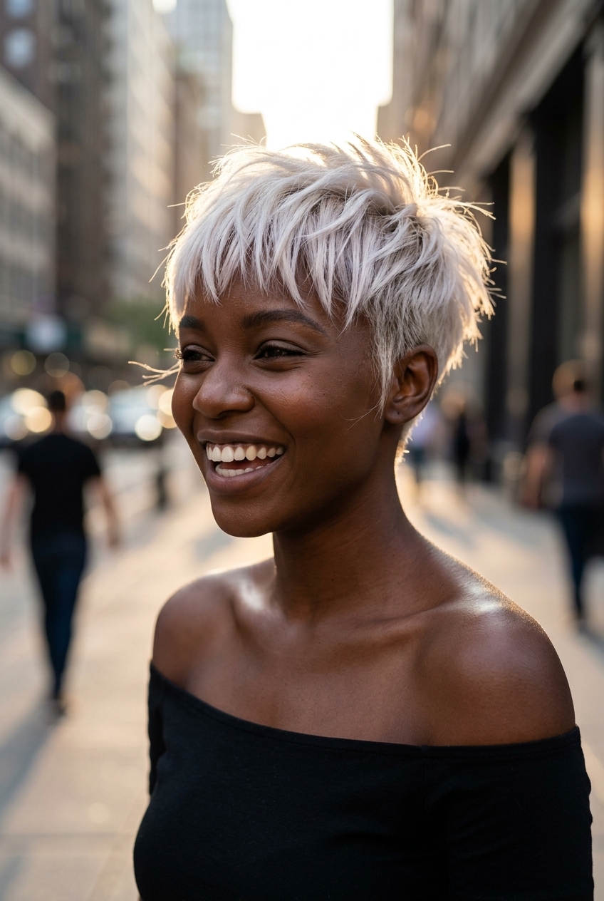 ultra-short pixie haircut with icy platinum blonde and violet toner, razored layers, sharp curtain bangs — edgy festival look