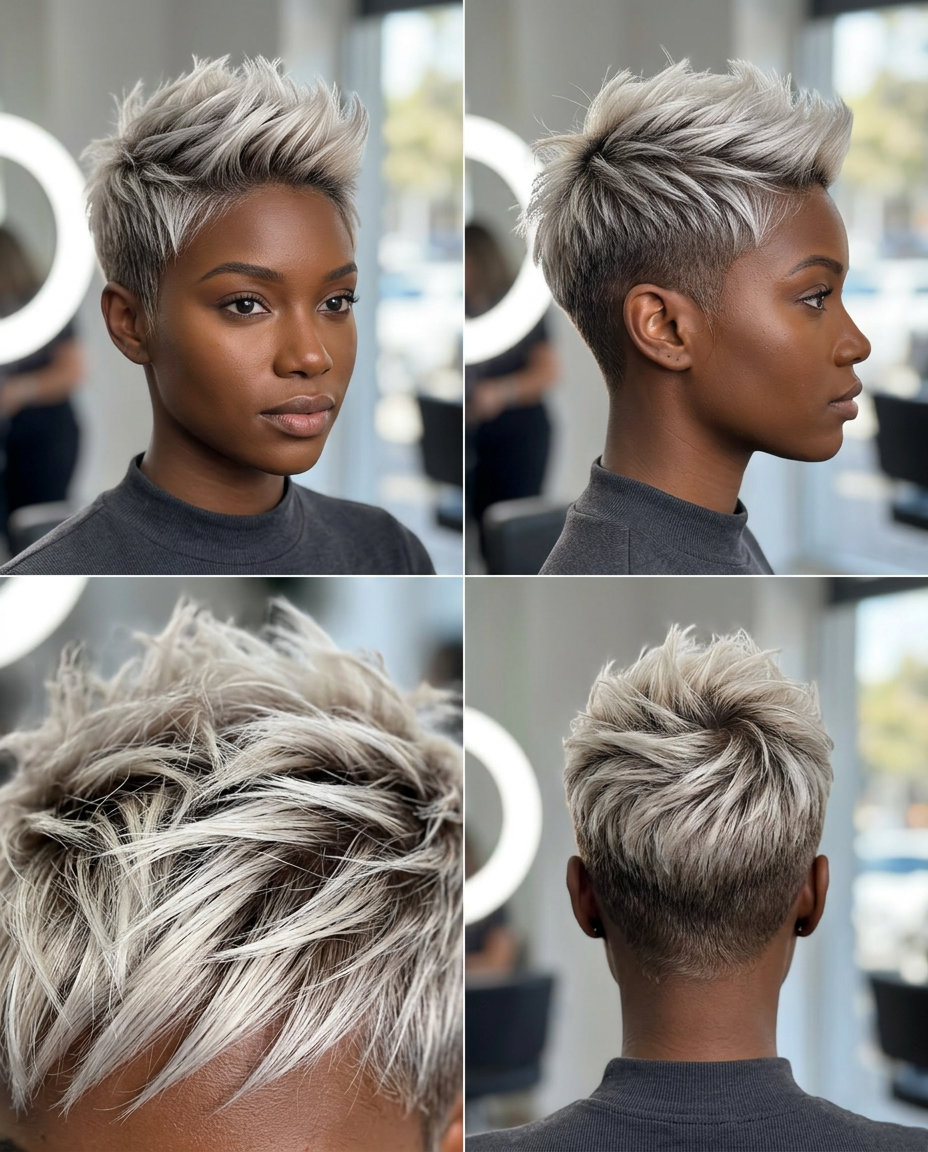 very short pixie ombre with platinum blonde, cool ash root, shadow root technique for summer
