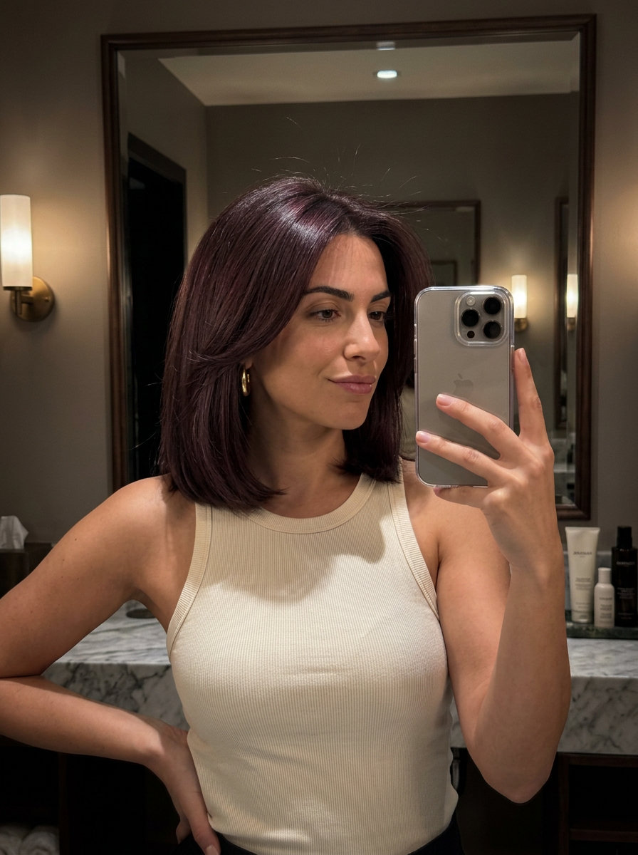 Plum Tinted Brunette Gloss 2026 long plum tinted brunette gloss with cool violet sheen for summer