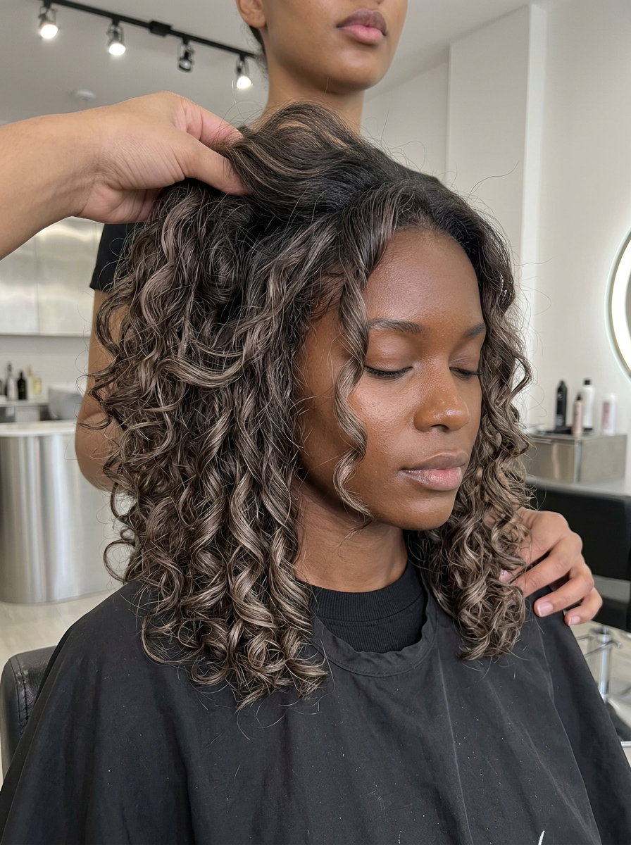 Sun-Bleached Portobello Mushroom Brown 2026 long mushroom brown with taupe balayage, sun-bleached effect, no fringe — romantic outdoor event