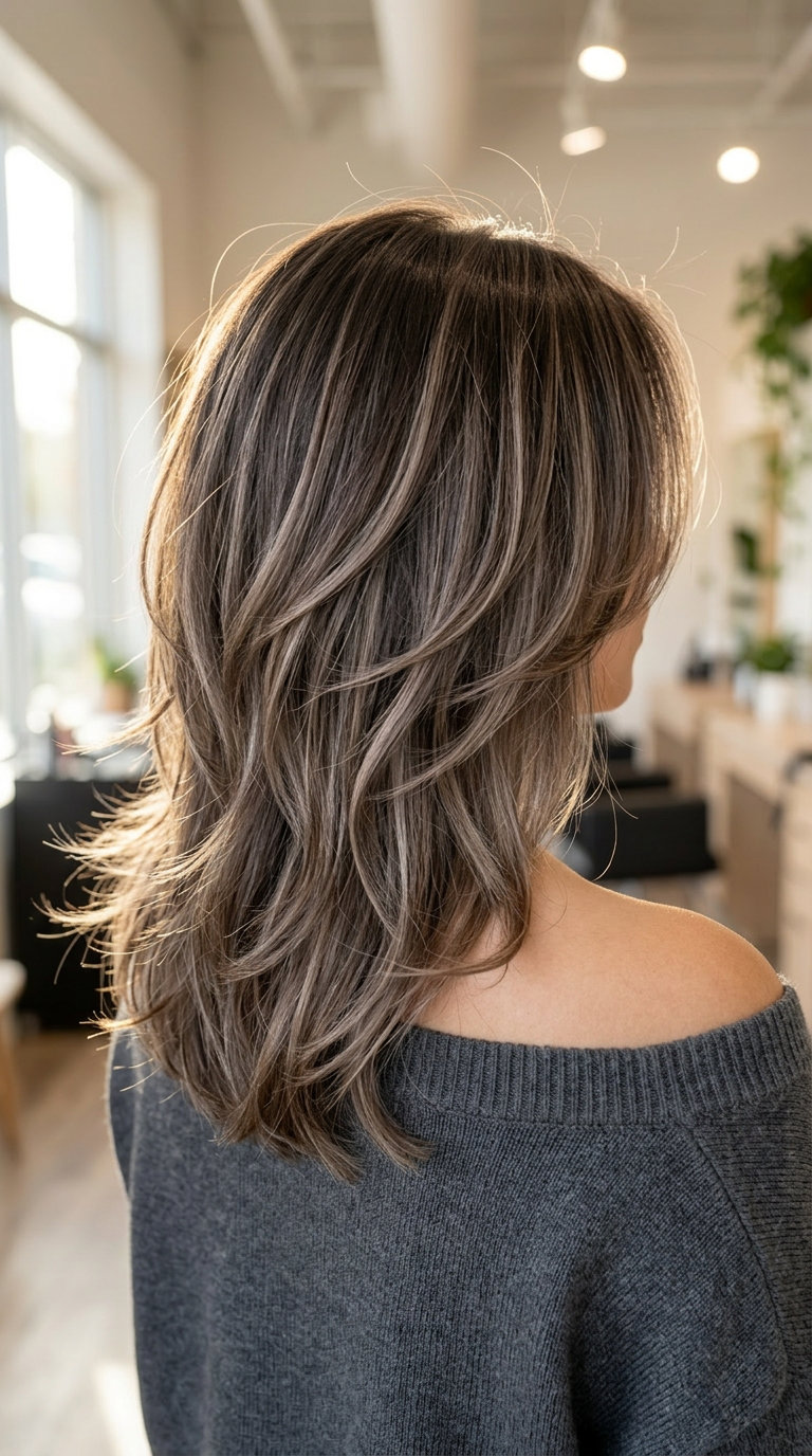 Portobello Taupe Foilayage Hair 2026 long layered mushroom brown hair color with cool taupe ribbons, foilayage — playful 90s grunge style