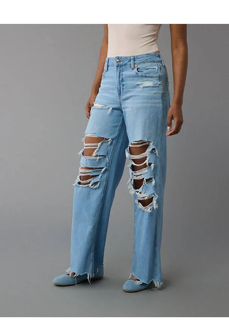 jeans AE Dreamy Drape Stretch Ripped Super High-Waisted Baggy Wide-Leg Jean American Eagle Outfitters $39.99
