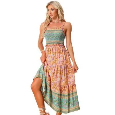 dress Boho Floral Spaghetti Strap A-Line Flowy Smocked Midi Dress Target $42.99