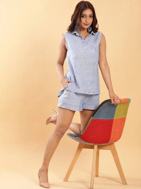 matching set BohoJazz Denim Blue Linen Tailored Shorts with Sleeveless Collared Top Co-ord Set Distacart $124.64
