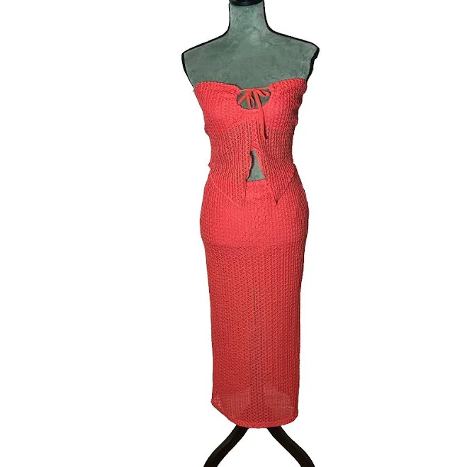 matching set Coral Crochet 2 Piece Set Strapless Tie Front Top & Maxi Skirt Slit eBay $12.75