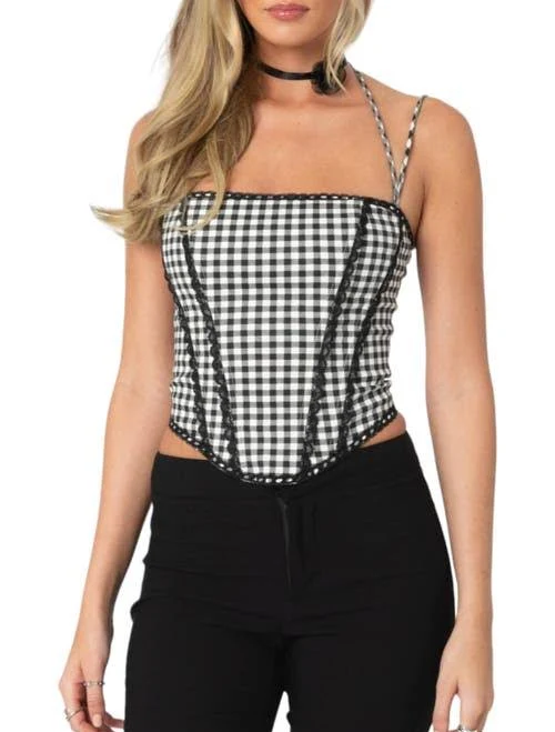 top Edikted Women's Gingham Lace Trim Corset Camisole Nordstrom $64