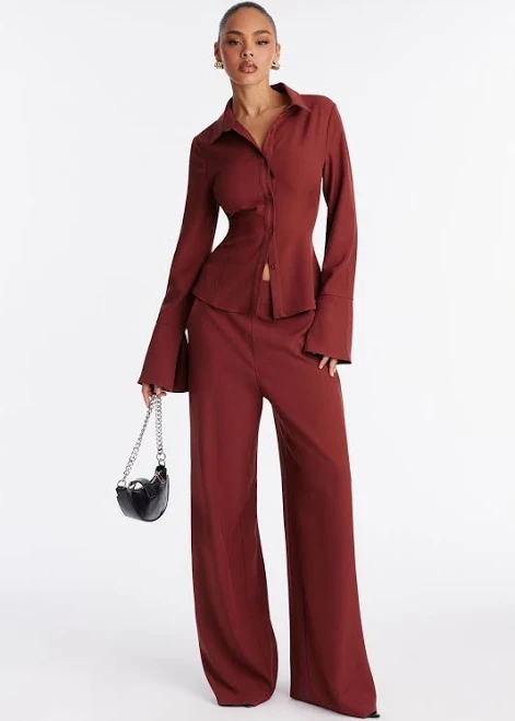 matching set Fashion Nova Long Sleeve Button Up Shirt and Wide Leg Pant Set Fashion Nova $17.98