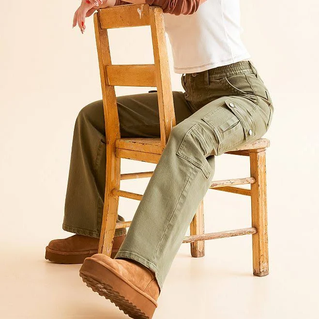 jeans Flying Monkey Women's High Rise Wide Leg Stretch Cotton Cargo Pants Buckle $48.74