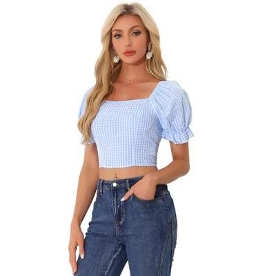 crop top Gingham Bubble Sleeve Smocked Cropped Blouse Target $24.99