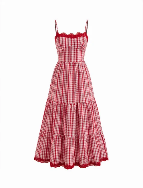 dress Gingham Lace Trim Cotton-Blend Maxi Dress Cider $47.9