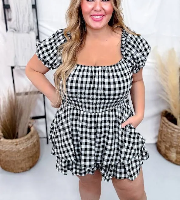 romper Gingham Print Puff Short Sleeve Romper Whiskey Skies $63.95