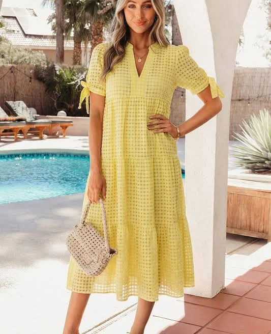 dress Gingham Textured Bow Tie Tiered Midi Dress HannaBanna Clothing $28.32