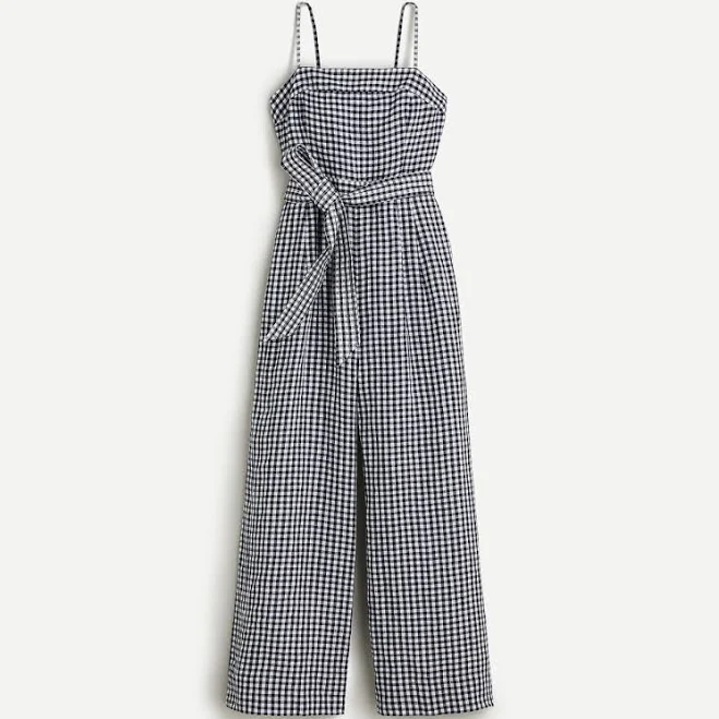 jumpsuit J.crew Tie-waist Linen Jumpsuit In Gingham Navy White Size 00 Item eBay - kminkim $63.99